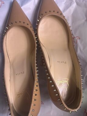 Christian Louboutin Nude/Tan Pointed-Toe Studded Flats